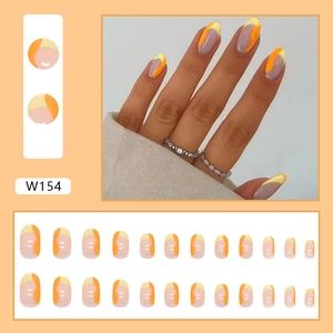 Almond-shaped press-on nails with orange and yellow abstract wavy fluid art, 24pcs set