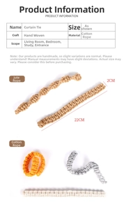 Detail showing 22x2cm hand-woven cotton and hemp rope curtain tieback dimensions
