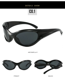 Three-view layout of black Y2K wraparound sunglasses showing frame and lens details