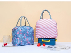 Insulated lunch bags with flamingo and stripe patterns for office or school use