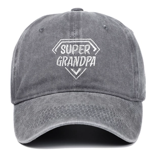 Detail view of white Super Grandpa embroidery on a distressed grey washed baseball cap