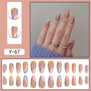 French almond press-on nails with pink blue yellow waves and gold glitter lines