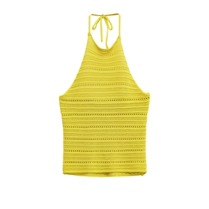 Yellow Knit Halter Tank Top Hollow Out Crochet Textured Slim Fit Sleeveless Crop Cami For Women