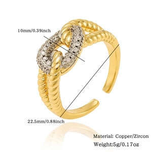 Copper knot ring with zircon details and size specifications on white background