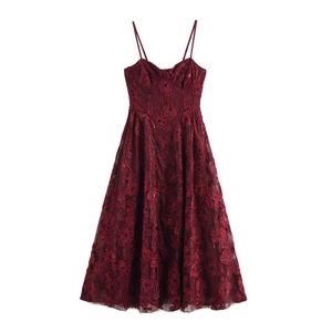 Wine Red Sequin Lace Camisole Evening Dress With 3D Velvet Flowers Elegant Vintage Party Maxi For Women