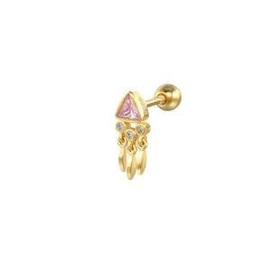 Détail du poinçon S925 sur clou d'oreille avec zircon rose et pompon doré élégant