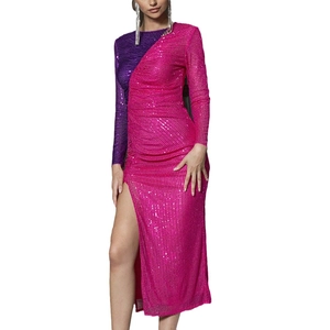 Elegantes Pailletten-Patchwork-Kleid mit langen Ärmeln und Schlitz für Abendpartys