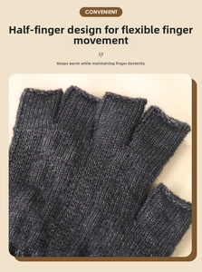 Close-up of charcoal grey alpaca wool knit fingerless gloves showing ribbing texture