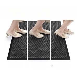 Detail showing non-slip textured door mat surface with dust removal feature and rubber border