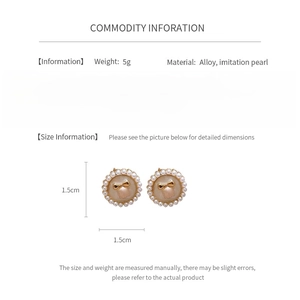 Detailed size chart for pearl stud earrings with alloy bow, 1.5cm dimension and 5g weight
