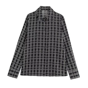 Women Long Sleeve Blouse Geometric Print Lapel Button Down Shirt Casual Elegant Office Lady Polyester Tops Loose Fit