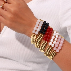 Gold stainless steel watchband link bracelet featuring colorful natural stone beads for women