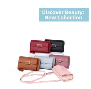 Detail showing multi-color leather phone wallets with tassel zippers and shoulder straps