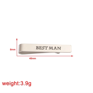 Sleek stainless steel tie clip engraved with BEST MAN, dimensions 48mm by 8mm