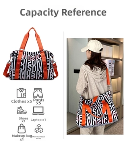 Detail view of large travel bag with MUSIC print showing its spacious capacity and strap