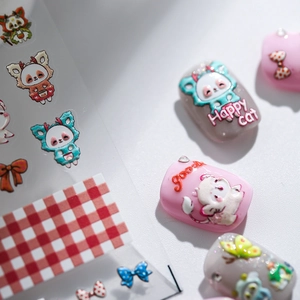 3D embossed cartoon nail art stickers with cute 3D panda and cat designs in pastel colors