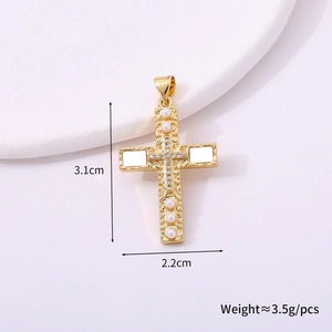 Close-up of gold cross pendant with pearls and rhinestones showing size and weight info