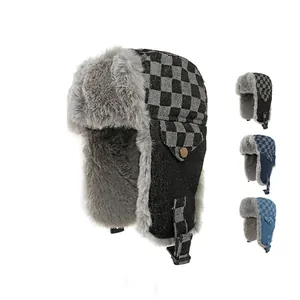 Chapeau Trappeur En Denim À Damier Hiver Protection Des Oreilles Chaud Coupe-Vent Doublure Fausse Fourrure Unisexe