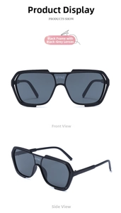 Front and side view of pilot style oversized sunglasses with black frames and grey lenses