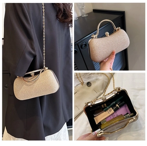 Dreiteilige Ansicht der champagnergoldenen Pailletten-Abendtasche mit Details zum Innenraum
