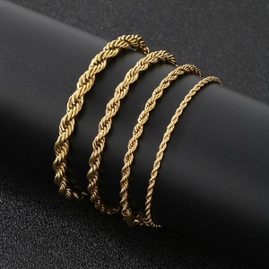 Adjustable golden stainless steel twist chain bracelets in four different thicknesses