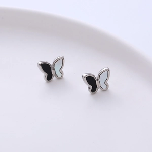 Butterfly Stud Earrings Stainless Steel Black White Contrast Enamel Shell Effect Minimalist Animal Shape Jewelry For Women