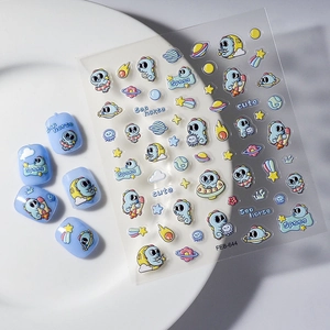 Stickers nail art 3D en relief avec astronaute et hippocampe thème espace bleu