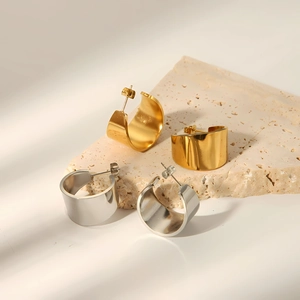 Wide C-Shape Hoop Earrings Stainless Steel Polished Mirror Finish 18K Gold Plated Fashion Jewelry For Women