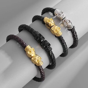 Braided leather skull bracelets with metal clasps in black and brown punk styles