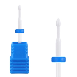 White ceramic bullet nail drill bit with blue ring and matching blue base stand