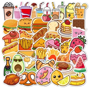 Detailed macro view of assorted cute waterproof cartoon food stickers for kids' water bottles
