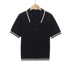Short sleeve polo knit shirt in black with white contrast stripes and cable texture