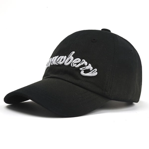 Classic black cotton baseball cap with white Strawberry embroidery in a side-view shot