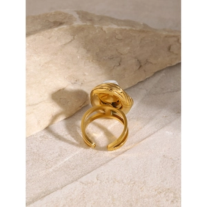 18k gold plated stainless steel open ring with baroque pearl on natural stone