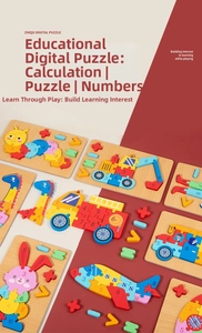 Detail of wooden 3D number puzzles featuring colorful animals and vehicles for kids