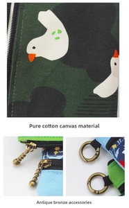Gros plan sur la toile de coton avec motifs d'oiseaux et détails de fermeture en bronze