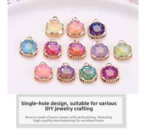 Detailed top view of multi-colored faceted crystal pendants with ornate copper lace settings