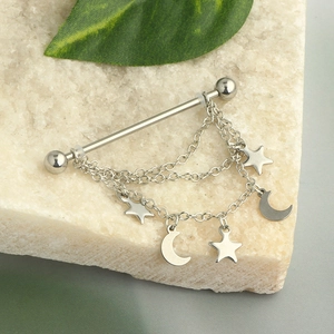 Silver stainless steel nipple bar piercing with sun and moon pendants on stone