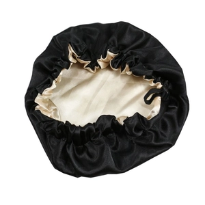 Adjustable double-layer satin bonnet for kids with black silk-like finish and beige lining