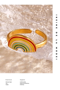 Macro detail of rainbow enamel gold-plated stainless steel open ring with branding