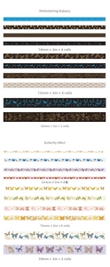 Detailed pattern of Washi tape set in starry and butterfly themes with gold foil accents