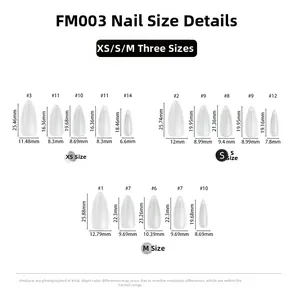Detailed nail tip size chart for XS, S, and M sizes with precise measurements in mm