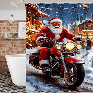 Waterproof polyester shower curtain featuring Santa Claus riding a motorcycle in a snowy town