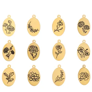 Pendentifs Fleur De Naissance En Acier Inoxydable Ovales Gravés Breloques Florales DIY Bijoux Pour Collier Bracelet Cadeau
