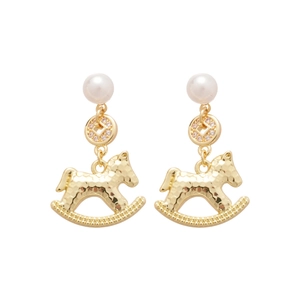 Elegant gold rocking horse earrings with pearls and rhinestones on a white background