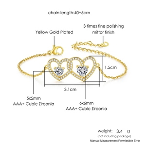 Gold hollow double heart bracelet with AAA cubic zirconia and adjustable 40+5cm chain