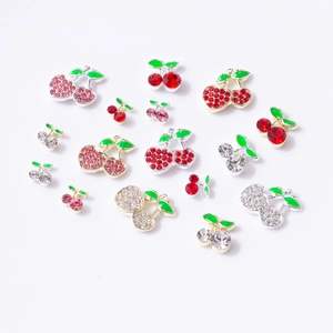 3D alloy cherry nail art charms with red rhinestones and green enamel leaf accents