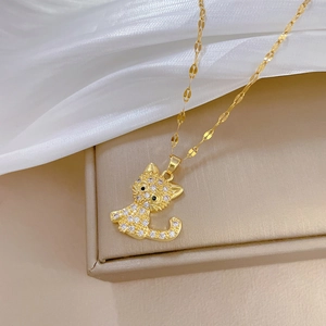 Elegant gold-plated cat pendant necklace encrusted with sparkling rhinestones on chain