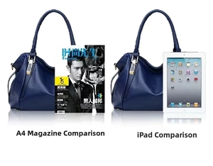 Detailed size comparison of the navy blue large capacity tote bag with an A4 magazine and iPad.