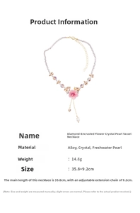 Detail of pink crystal flower pendant with pearl tassels and adjustable gold chain